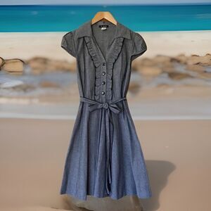 Y2K O’Sher 2XL Belted Collared Swing Ruffled Dress W Heart Button